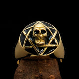 Excellent crafted domed Men's black Hexagram Skull Ring - solid Brass - BikeRing4u