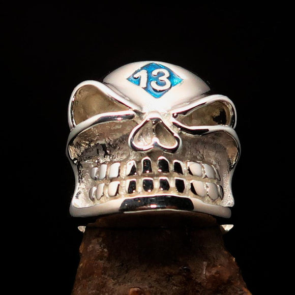 Excellent Crafted Men's blue Number 13 Gnome Skull Ring - Sterling Silver - BikeRing4u