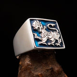 Perfectly crafted Men's blue Sinhalese Lion Ring - Sterling Silver - BikeRing4u