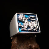Perfectly crafted Men's blue Sinhalese Lion Ring - Sterling Silver - BikeRing4u