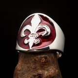 Excellent crafted Men's red Fleur de Lis Seal Ring - Sterling Silver - BikeRing4u