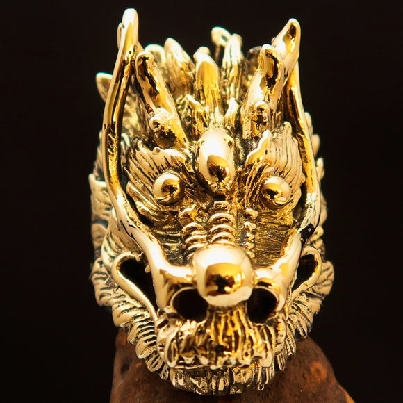 Excellent crafted Men's Animal Ring Big Dragon Head Antiqued - Brass - BikeRing4u