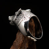 Perfectly crafted Men's howling Wolf Ring - antiqued Sterling Silver - BikeRing4u