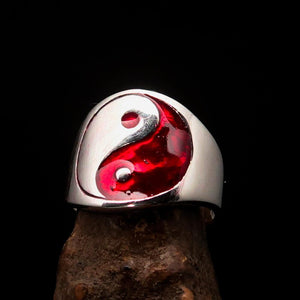 Excellent crafted Men's red Yin Yang Ring - Sterling Silver - BikeRing4u