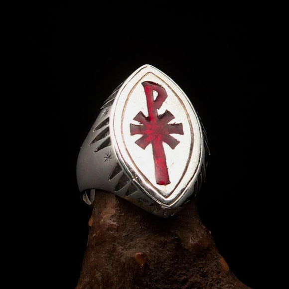 Ancient Men's Christian Monogram Cross Ring red Chi Rho XP - Sterling Silver - BikeRing4u