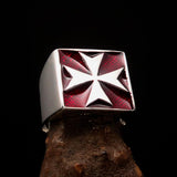 Perfectly crafted Men's Biker Ring Maltese Cross Red - Sterling Silver - BikeRing4u