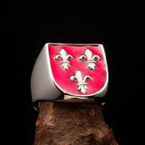 Excellent crafted Men's red Fleur de Lis Coat of Arms Ring - Sterling Silver - BikeRing4u