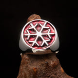 Excellent crafted Men's Winter Ring red Snowflake - Sterling Silver - BikeRing4u