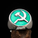 Excellent crafted Men's Socialist Ring Hammer Sickle Green - Sterling Silver - BikeRing4u