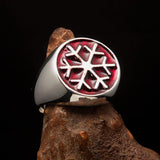 Excellent crafted Men's Winter Ring red Snowflake - Sterling Silver - BikeRing4u