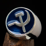 Excellent crafted Men's Socialist Ring Hammer Sickle Blue - Sterling Silver - BikeRing4u