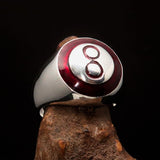 Nicely crafted domed Men's Number Ring red 8 Eight- Sterling Silver - BikeRing4u