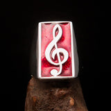 Excellent crafted Men's Musician Ring red Treble Clef Symbol - Sterling Silver - BikeRing4u