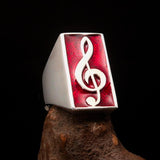 Excellent crafted Men's Musician Ring red Treble Clef Symbol - Sterling Silver - BikeRing4u