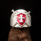 Crossed Swords Men's red Knights Templar Cross Ring - Sterling Silver - BikeRing4u