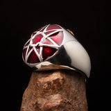 Nicely crafted domed Men's Heptagram Ring red Heptagon - Sterling Silver - BikeRing4u