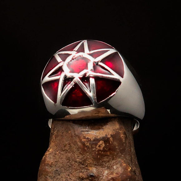 Nicely crafted domed Men's Heptagram Ring red Heptagon - Sterling Silver - BikeRing4u