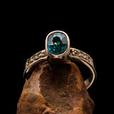 Sterling Silver Solitaire Band Ring with oval Cut Blue Zircon and 6 CZ - Size 4.75 - BikeRing4u