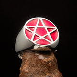 Perfectly crafted Men's Solid Line Pentagram Ring red - Sterling Silver - BikeRing4u