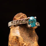 Sterling Silver Solitaire Band Ring with oval Cut Blue Zircon and 10 CZ - Size 5.5 - BikeRing4u