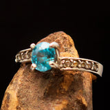 Sterling Silver Solitaire Band Ring with oval Cut Blue Zircon and 10 CZ - Size 5.5 - BikeRing4u