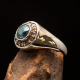 Sterling Silver Solitaire Band Ring with round Cut Blue Zircon and 13 CZ - Size 4.5 - BikeRing4u