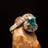 Sterling Silver Solitaire Band Ring with oval Cut Blue Zircon and 14 CZ - Size 5 - BikeRing4u