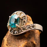 Sterling Silver Solitaire Band Ring with oval Cut Blue Zircon and 14 CZ - Size 5 - BikeRing4u