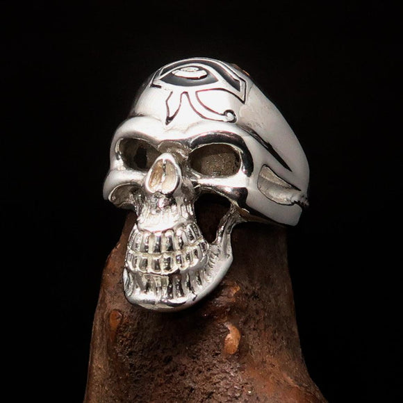 Excellent crafted Men's Skull Ring Black Eye of Ra - Sterling Silver - BikeRing4u