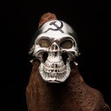 Excellent crafted Men's Communist Skull Ring Black Hammer Sickle - Sterling Silver - BikeRing4u