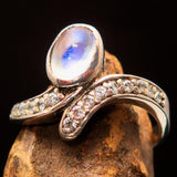 Sterling Silver Solitaire Ring with oval shaped Ceylon Moonstone and 15 CZ - BikeRing4u