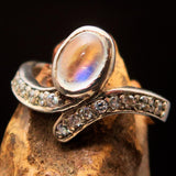 Sterling Silver Solitaire Ring with oval shaped Ceylon Moonstone and 15 CZ - BikeRing4u