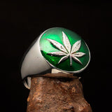 Sterling Silver Men's Ring Marihuana Cannabis Leaf dark Green - BikeRing4u