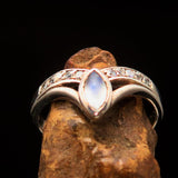 Sterling Silver Solitaire Gemstone Ring with marquise shaped Ceylon Moonstone and 10 CZ - BikeRing4u