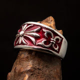 Nicely crafted domed Men's Fleur de Lis Ring red - Sterling Silver - BikeRing4u