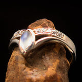 Sterling Silver Solitaire Gemstone Ring with marquise shaped Ceylon Moonstone and 10 CZ - BikeRing4u