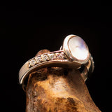 Sterling Silver Solitaire Ring with oval shaped Ceylon Moonstone and 10 CZ - Size 5.5 - BikeRing4u