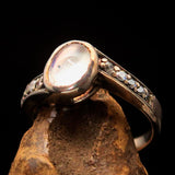 Sterling Silver Solitaire Ring with oval shaped Ceylon Moonstone and 10 CZ - Size 5.5 - BikeRing4u