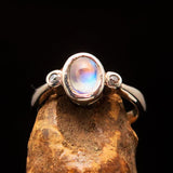 Sterling Silver Solitaire Ring with oval shaped Ceylon Moonstone and 2 CZ - size 6 - BikeRing4u