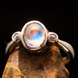 Sterling Silver Solitaire Ring with oval shaped Ceylon Moonstone and 2 CZ - size 6 - BikeRing4u