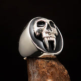 Excellent crafted oval Men's Black Vampire Skull Ring - Sterling Silver - BikeRing4u