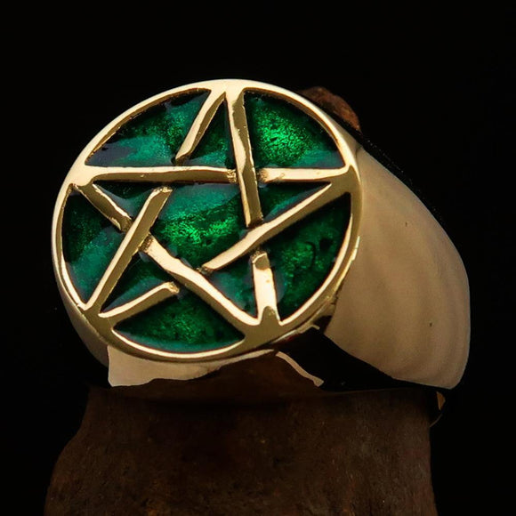 Excellent crafted Men's Pinky Ring Green Pentagram - Solid Brass - BikeRing4u