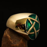 Excellent crafted Men's Pinky Ring domed Green Pentagram - Solid Brass - BikeRing4u