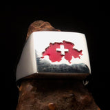 Excellent crafted Men's Swiss Flag Ring Switzerland - Sterling Silver - BikeRing4u