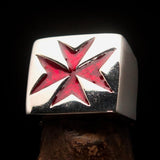 Nicely crafted Men's Knight Ring Maltese Cross Red - Sterling Silver - BikeRing4u