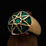 Nicely crafted domed Men's Heptagram Ring Green Heptagon - Solid Brass - BikeRing4u