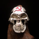 Excellent crafted Men's Communist Skull Ring red Hammer Sickle - Sterling Silver - BikeRing4u