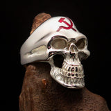 Excellent crafted Men's Communist Skull Ring red Hammer Sickle - Sterling Silver - BikeRing4u