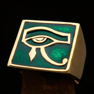 Excellent crafted Men's Ring All seeing Udjat Eye of Ra Green - Solid Brass - BikeRing4u