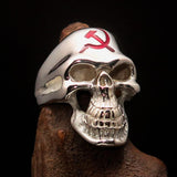 Excellent crafted Men's Communist Skull Ring red Hammer Sickle - Sterling Silver - BikeRing4u